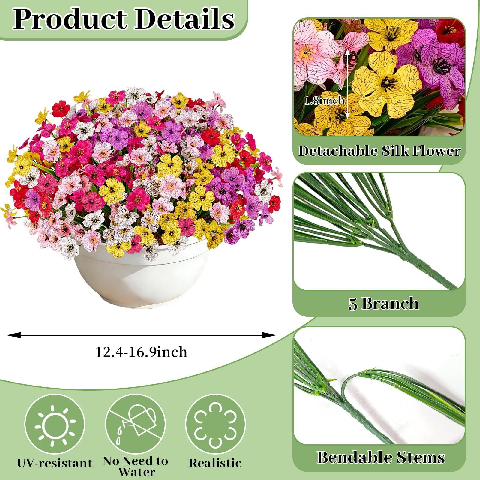 UV Resistant Artificial Flowers – 72 Bundles Faux Plants for Home Garden Decor