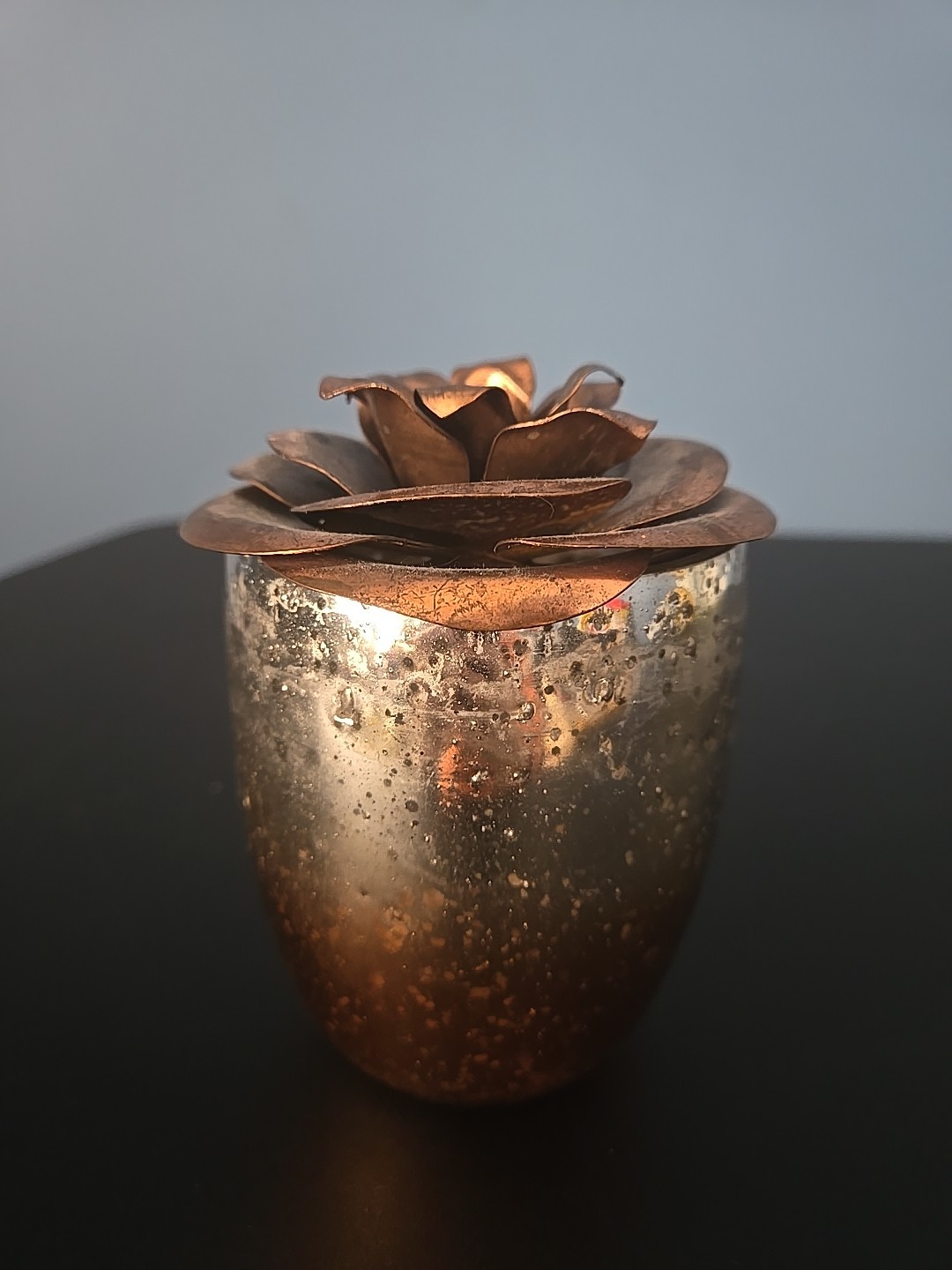 Copper Metal Rose Flower Top handcrafted bent welded & Partial Candle Glass