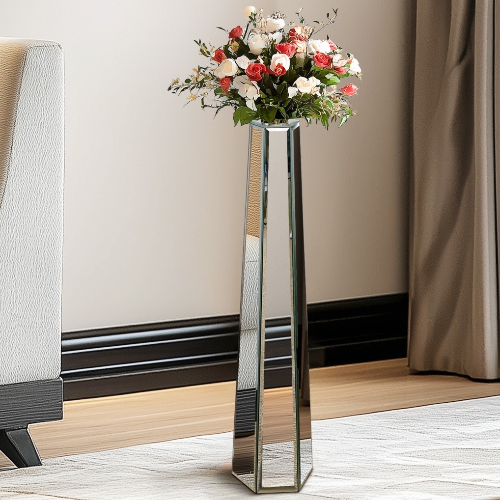 30″ Tall Mirrored Floor Vase Silver Big Vases Home Decorative for Dried Flower