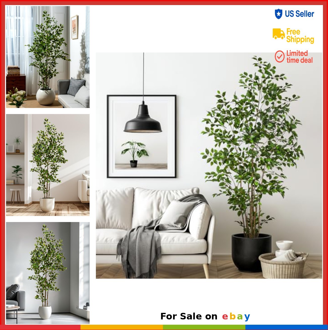 Artificial Ficus Tree 7ft Tall Potted Faux Plant Realistic Silk Leaves Indoor