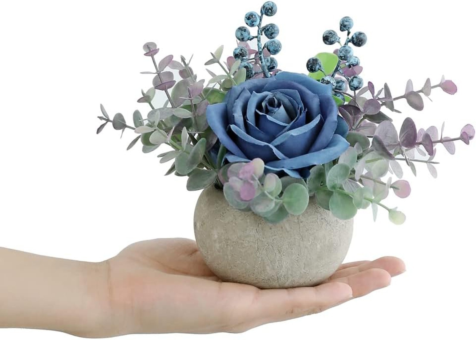 Small Artificial Blue Rose Potted Plant 6 Inch Faux Silk Flowers in Round Pot