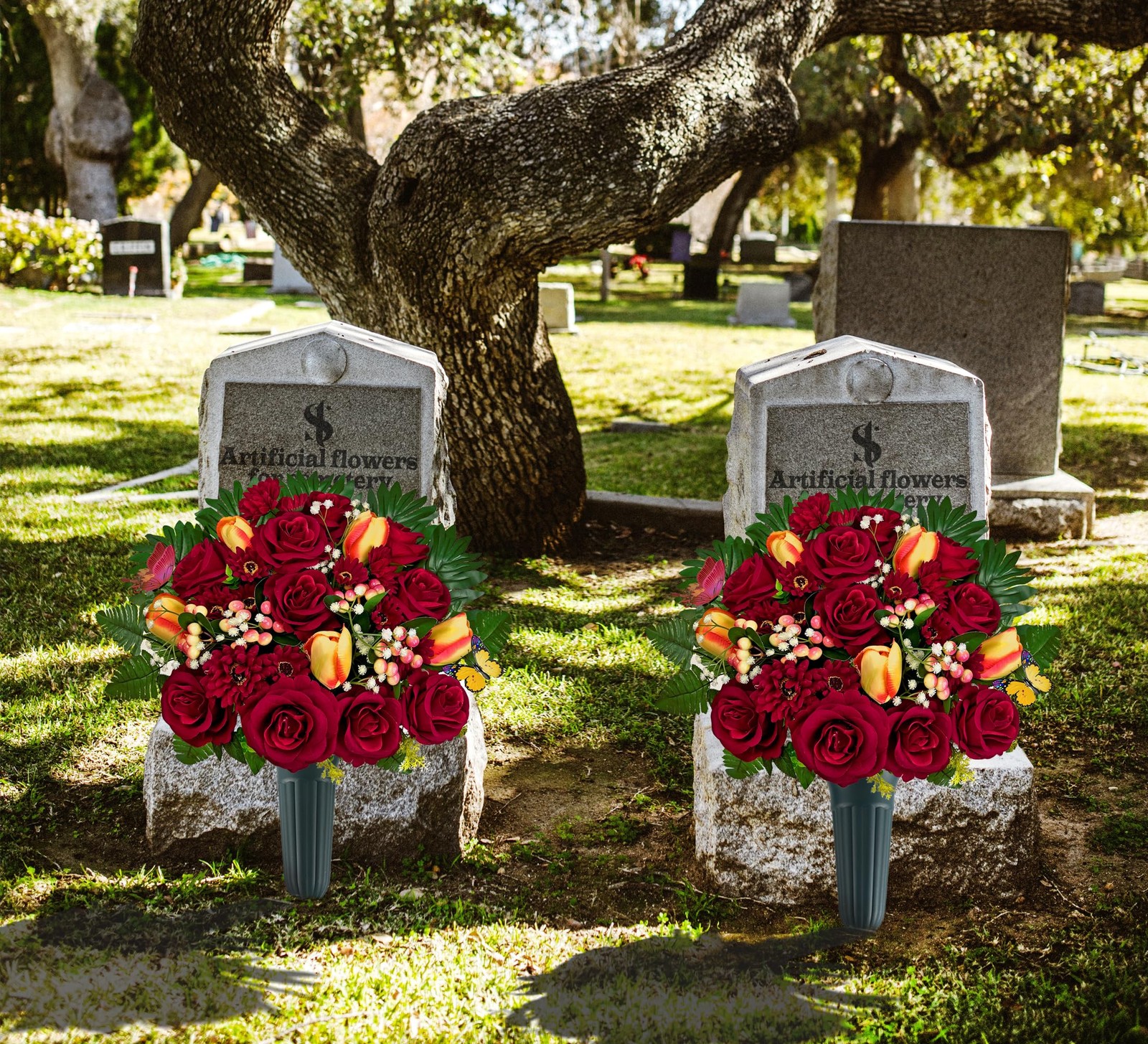 Artificial Cemetery Flowers for Grave,Memorial Flowers Bouquet with Vase for …