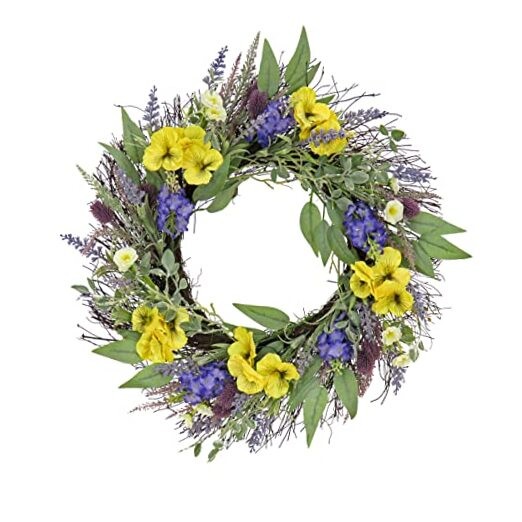 22 inch Artificial Spring Wreath with Pansy Blooms, Lavender, and Assorted