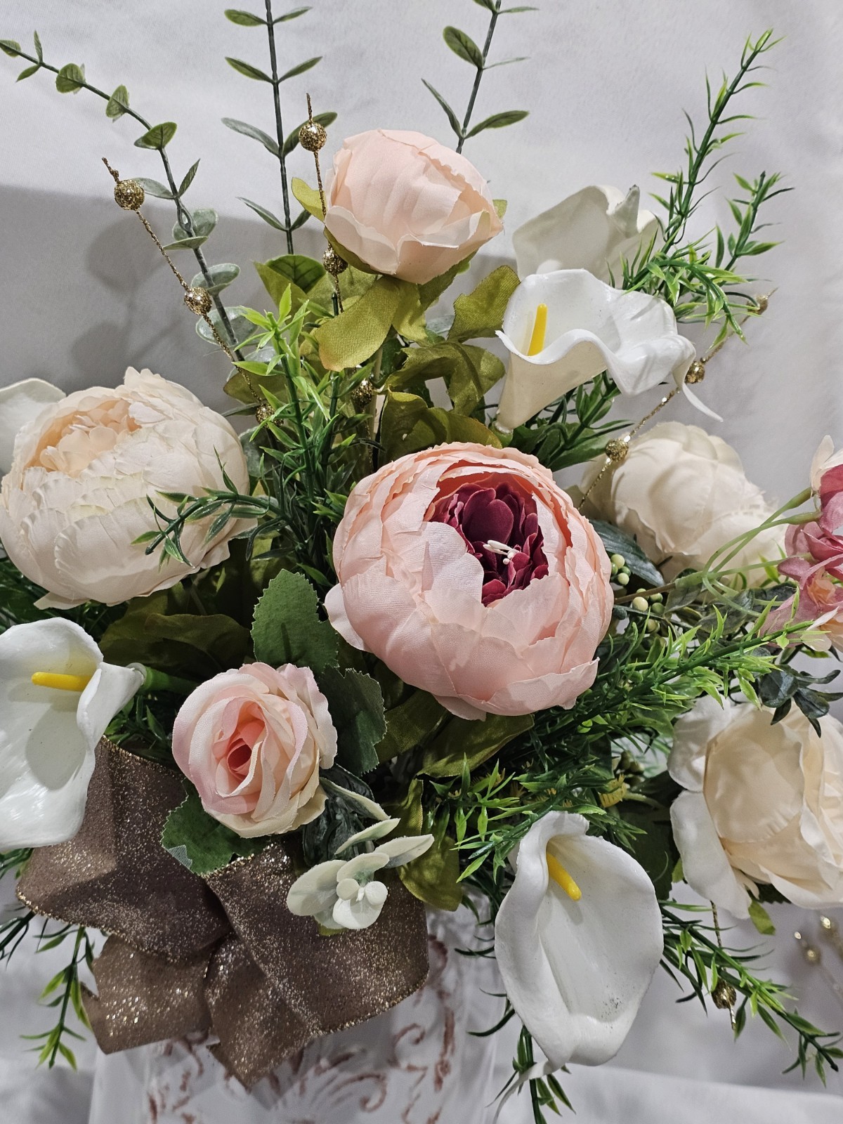 Artificial Flower Arrangement Peonies Calla Lilies Glistening Gold Accen & Vase