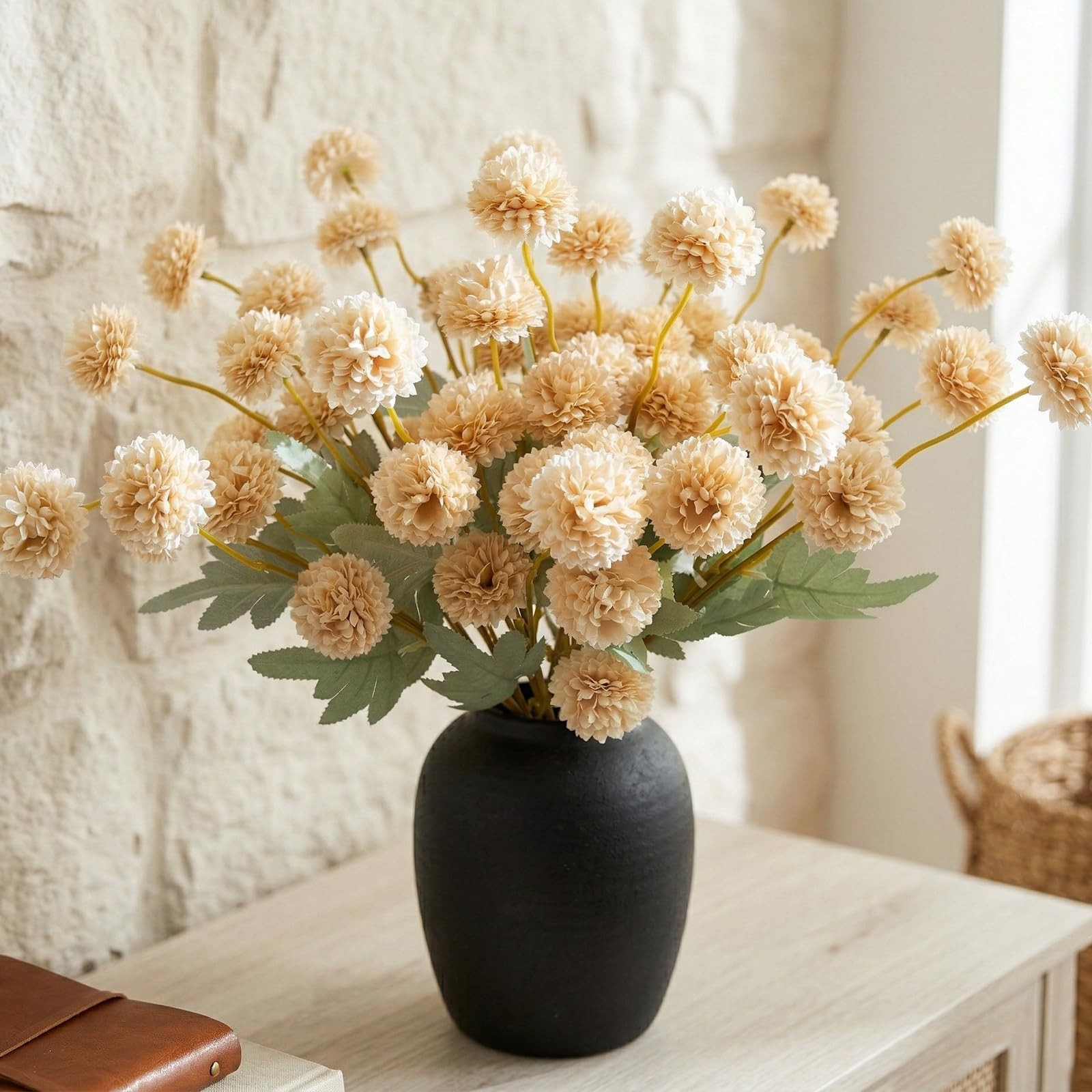 12 PCS Artificial Chrysanthemum Flowers Beige Kiku Pom Pom Mums Faux Fall