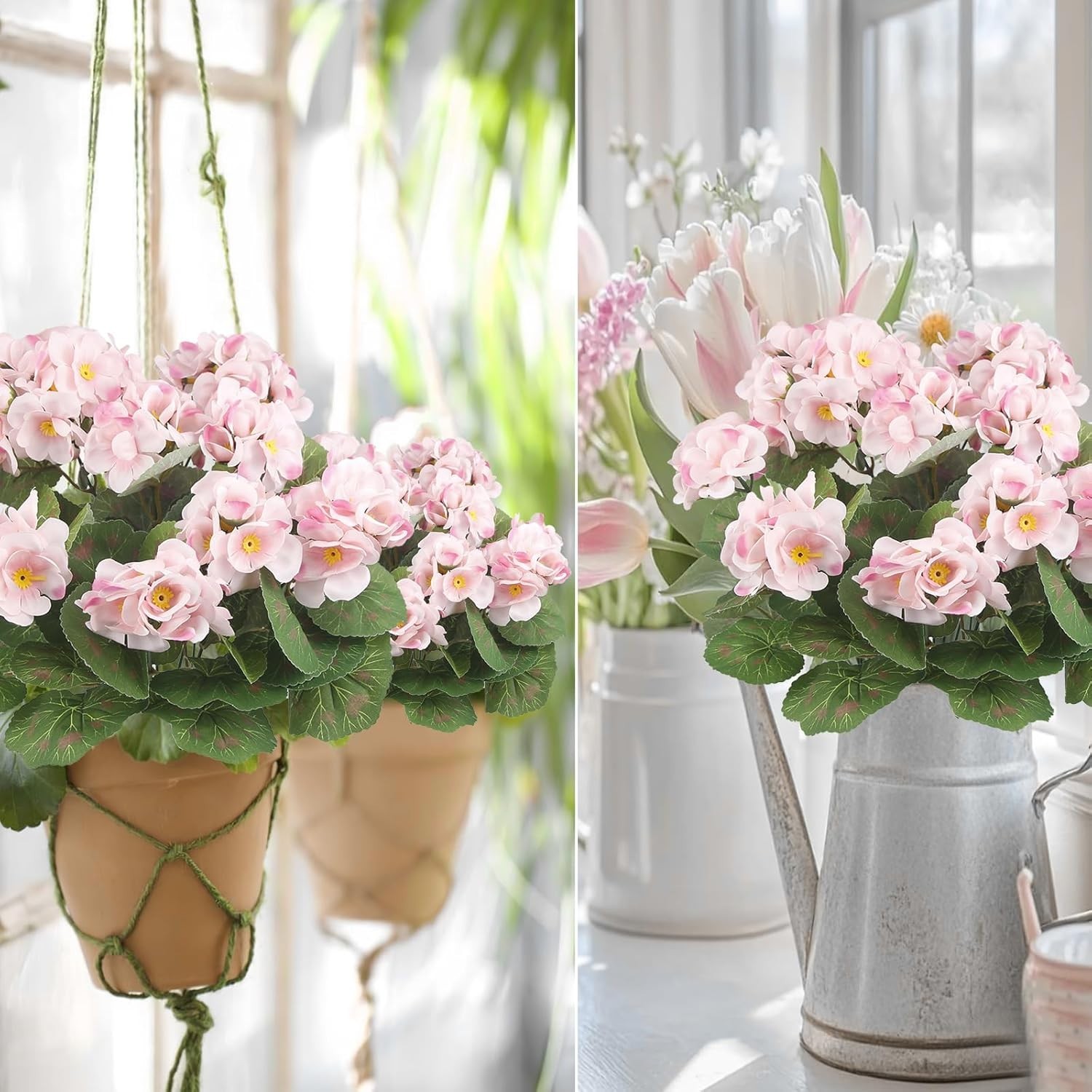 Set of 2 UV-Resistant Pink Silk Geraniums – Perfect for Indoor and Outdoor Decor