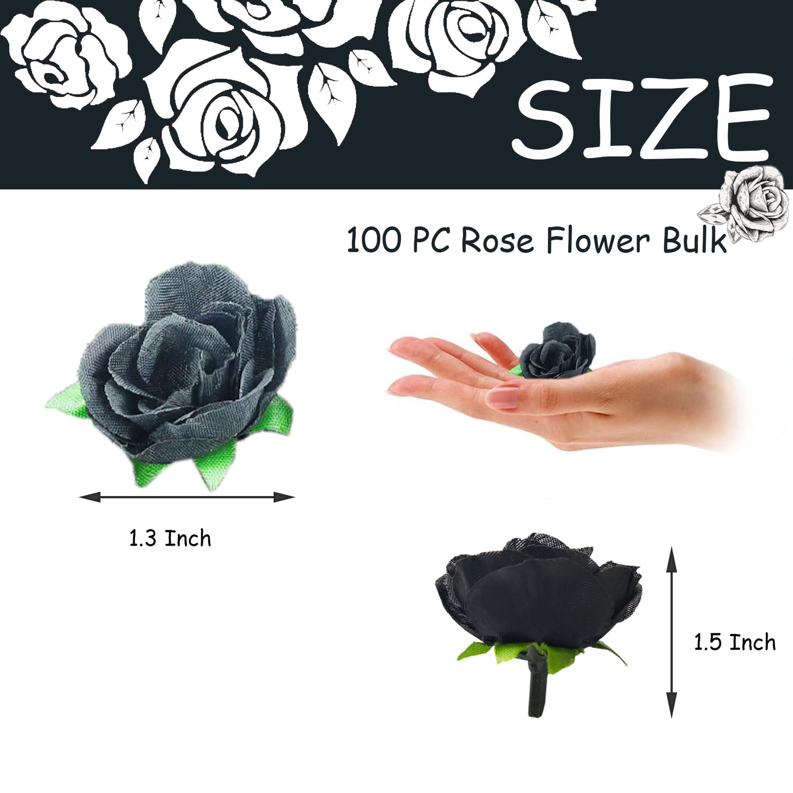 100 Pcs Black Roses Artificial Flowers Bulk 1.3 Inch Fake Mini Silk Heads