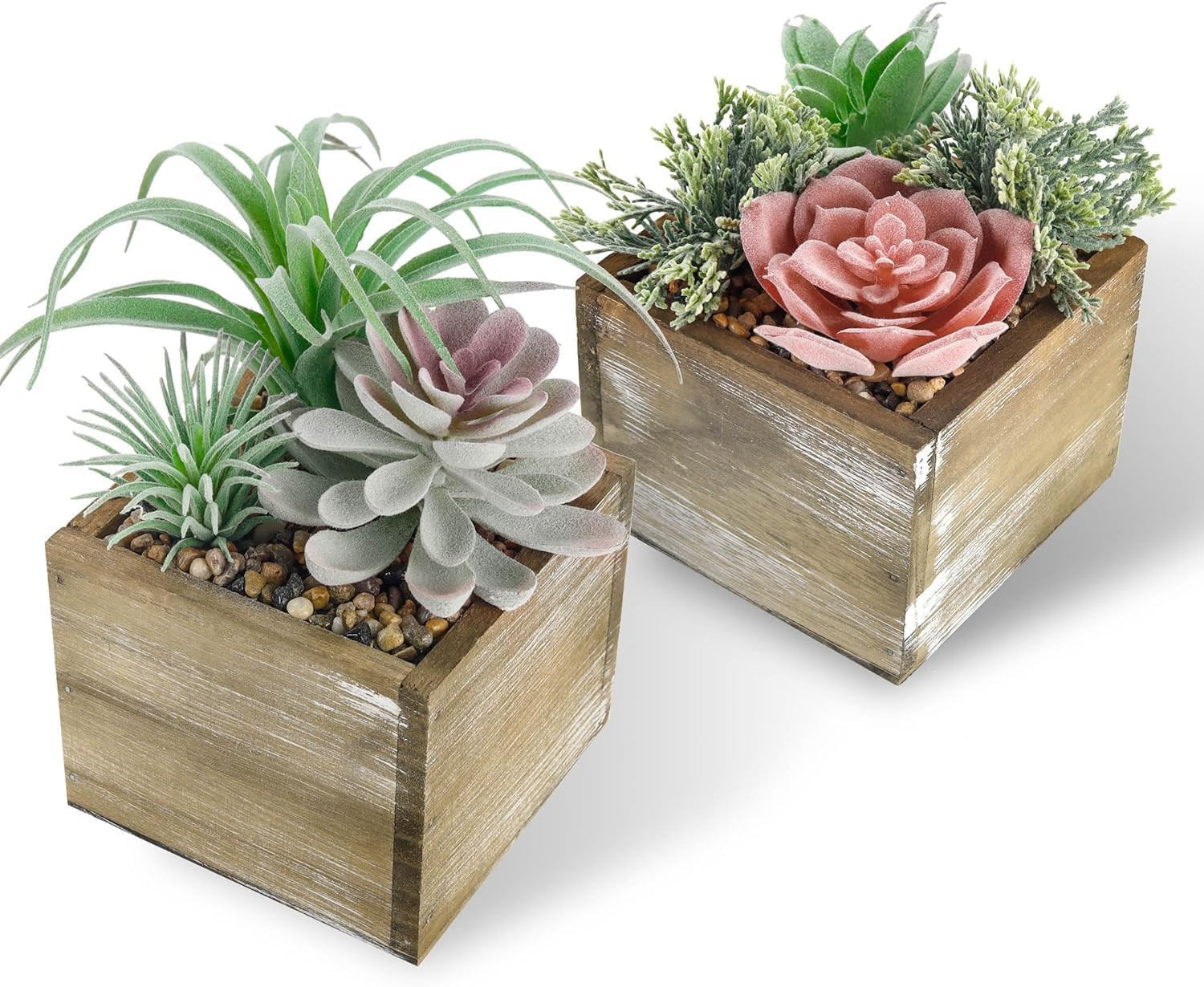 2 Pack Artificial Succulent Cactus Plants Wood Pots Pink Flower Decor