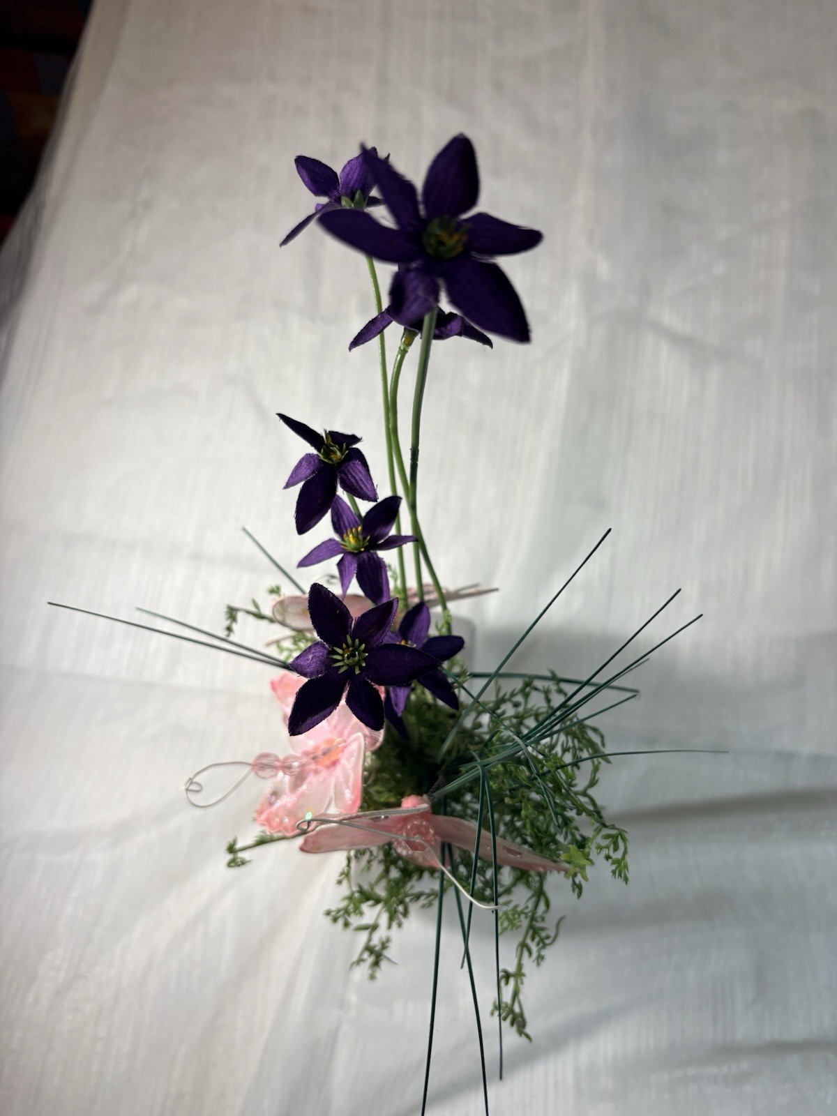 Artificial Purple Flower Arrangement with Pink Butterfly in White Ceramic Vase