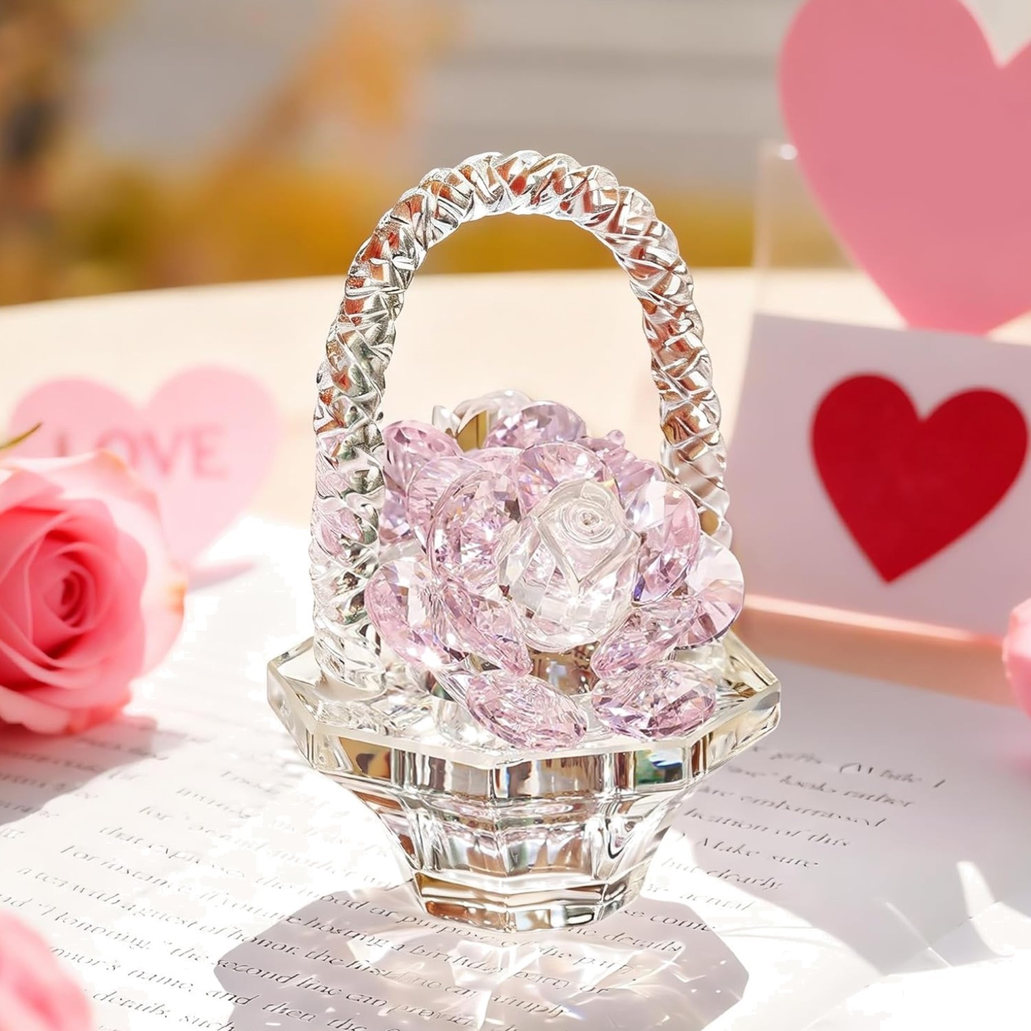 Glass Rose Flower Gift for Women Handcraft Pink Crystal Rose Flower Basket Fi…