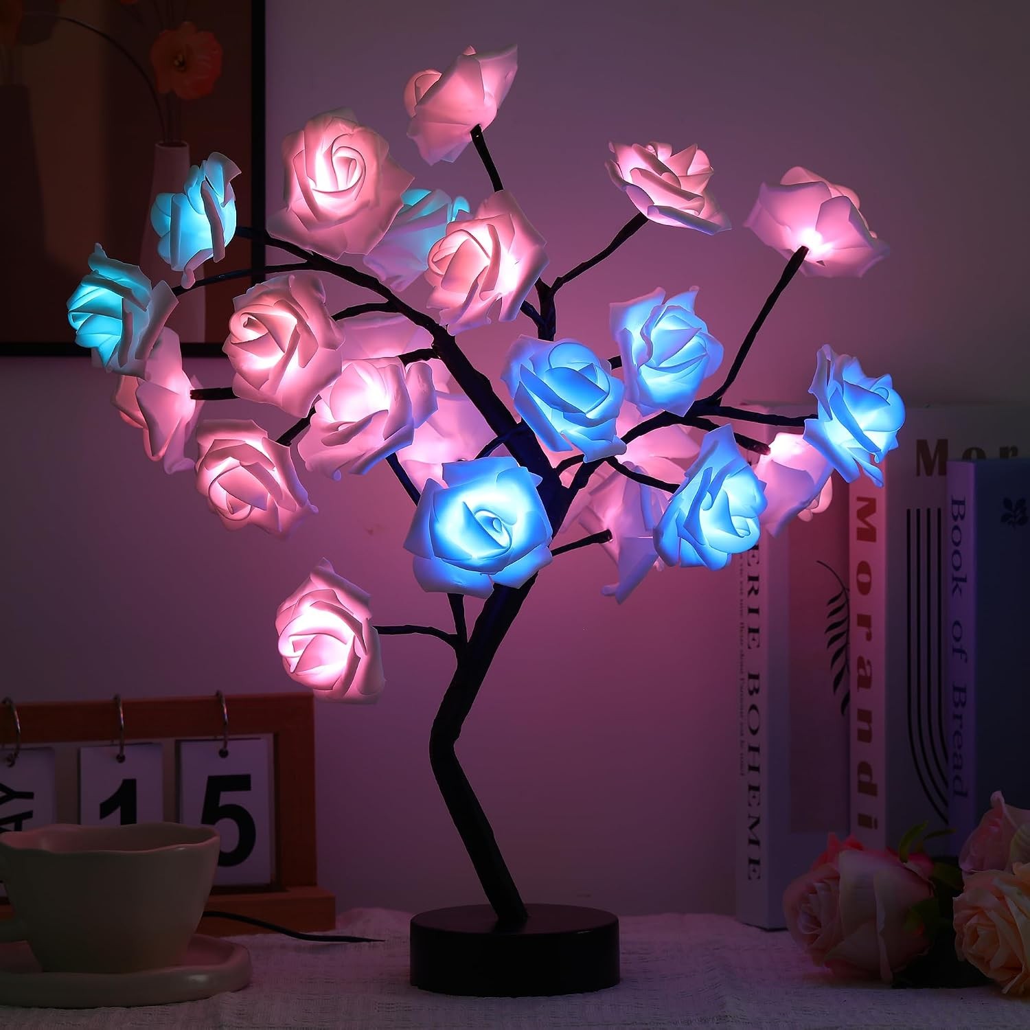 Rose Flower Tree Lamp – LED Rose Tree Table Lamp USB/Battery Powered Artificial