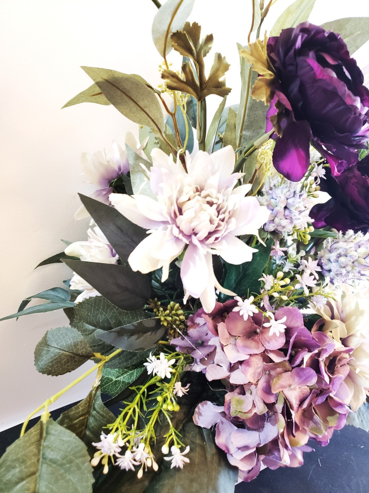 Purple Hydrangea & Aubergine Ranunculus Floral Arrangement, Green Dahlia Floral