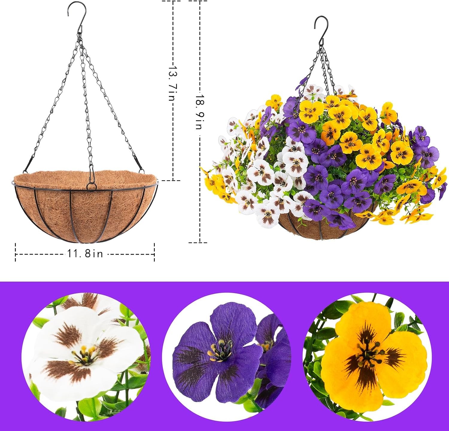2 Sets Artificial Hanging Pansy Flowers with Baskets 24 Pcs UV Resistant Faux