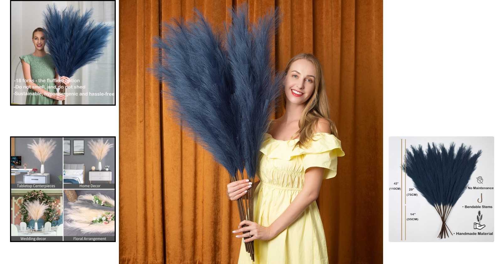 Extra Large Faux Pampas Grass Stems – 43 Inch in Elegant Blue for Home Decor