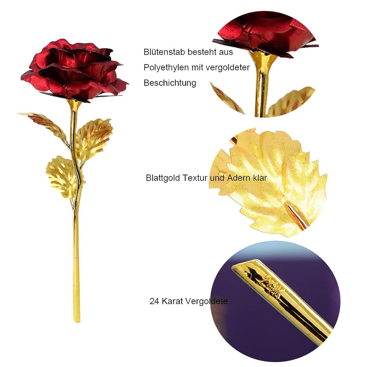 24K Gold Dipped Red Rose Flower Long Stem Forever Real Gold Rose Gift