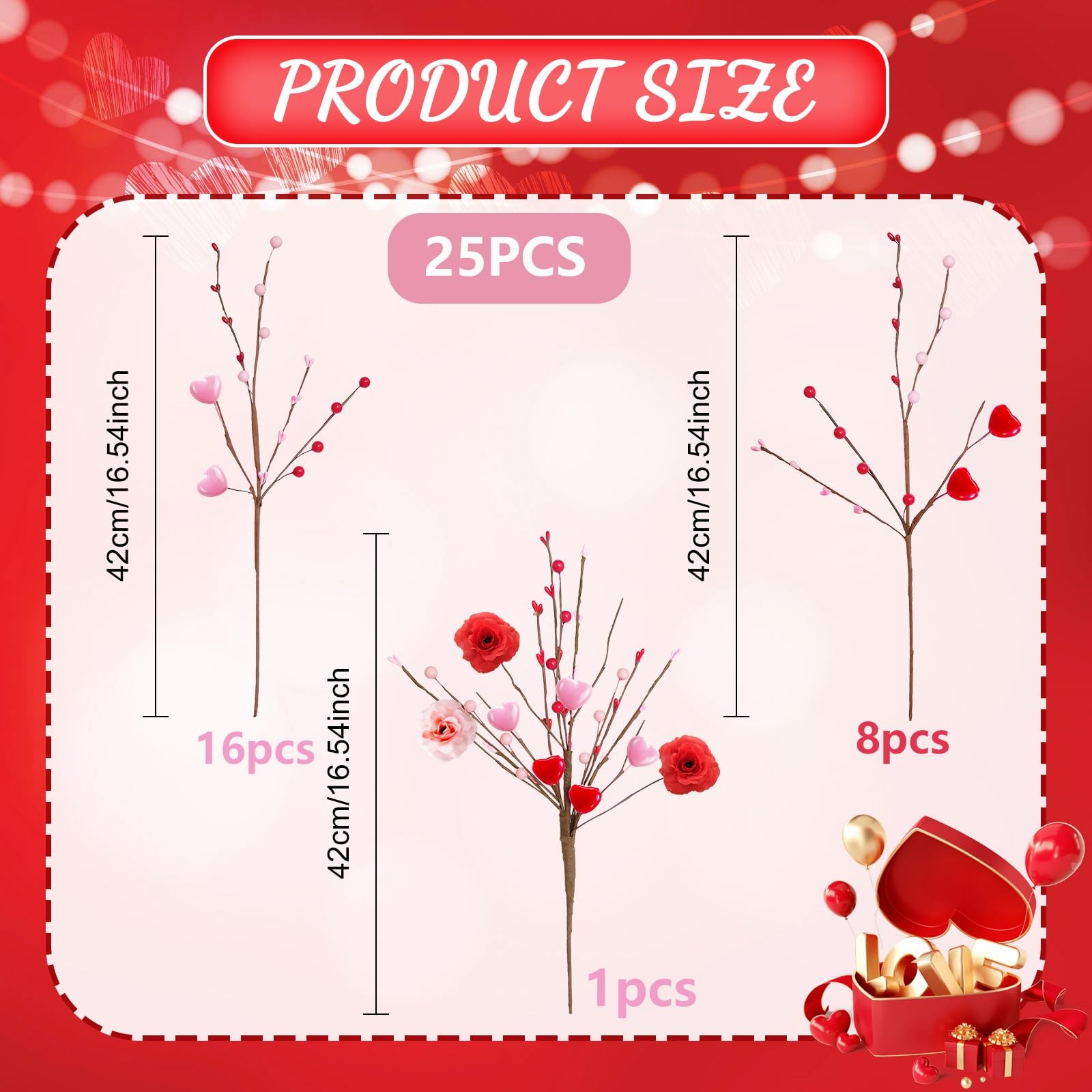 25Pcs Pink Heart Berry Picks with Red Berries Valentines Day Decorations – Ar…
