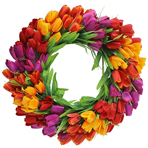 Tulip Wreath for Front Door, Spring Summer Silk 20 Inch Red Yellow Purple