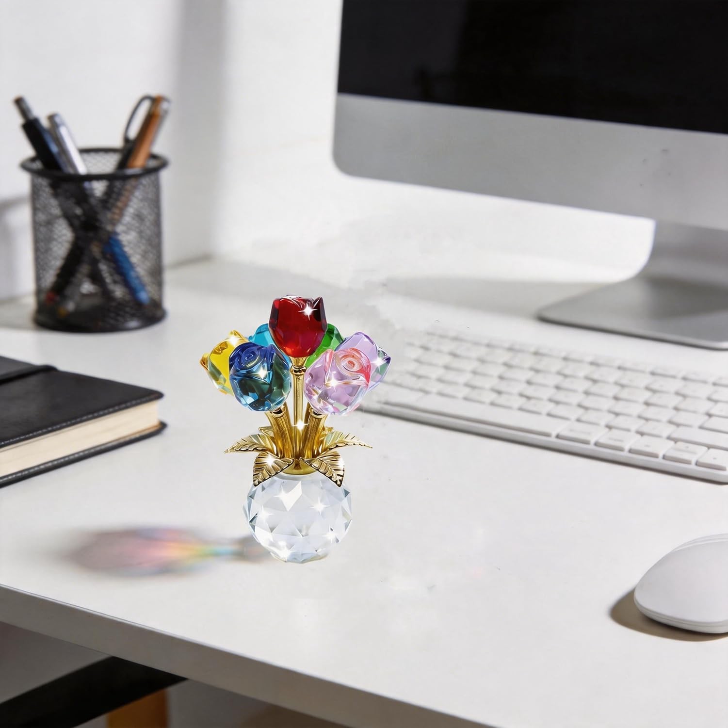 Crystal Roses Figurine with Round Vase, Glass Rose Crystal Flowers Bouquet, ,…