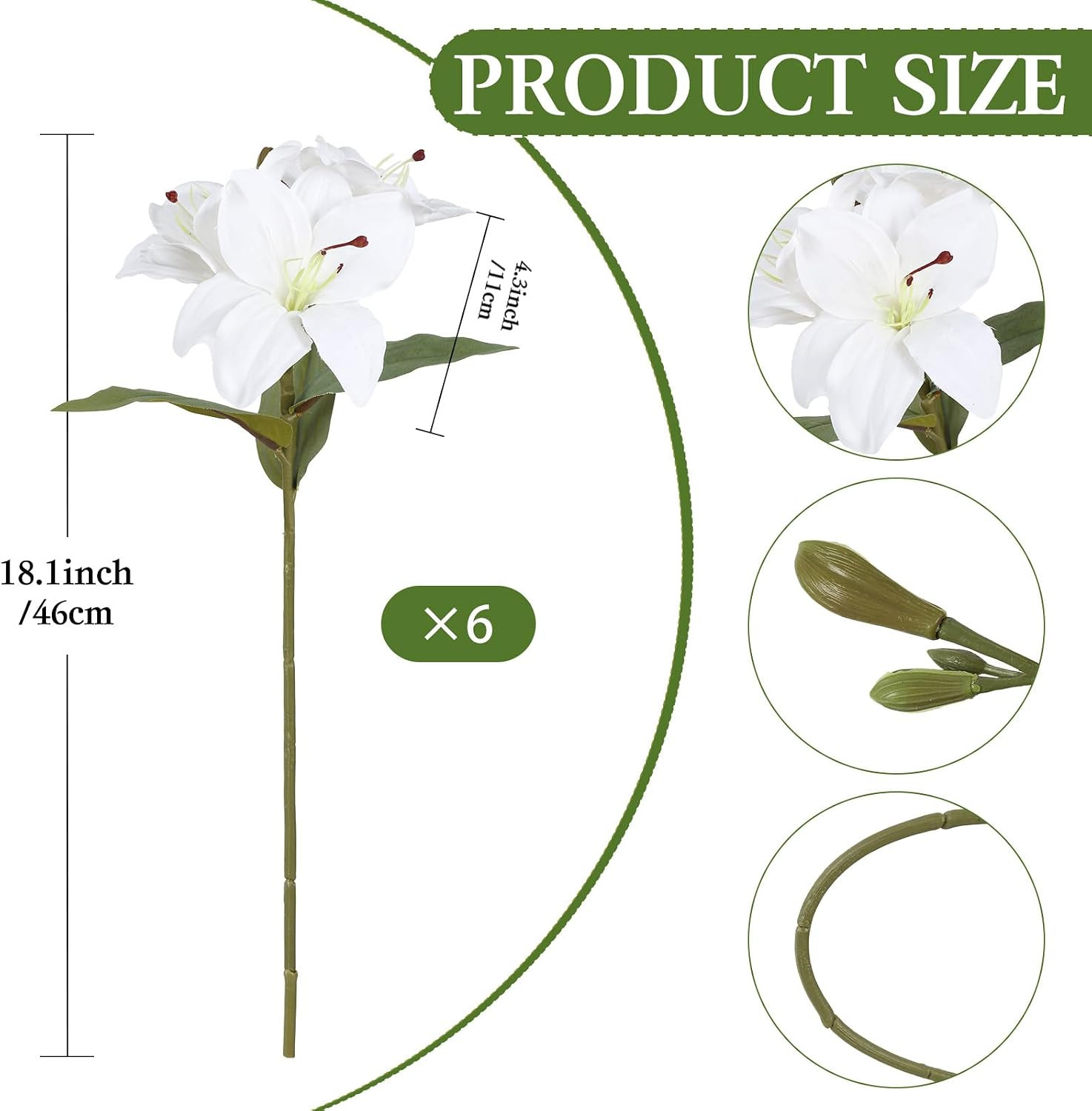 6 PCS White Lily Flowers Artificial 18Heads Fake Lillies 18” Artificial White