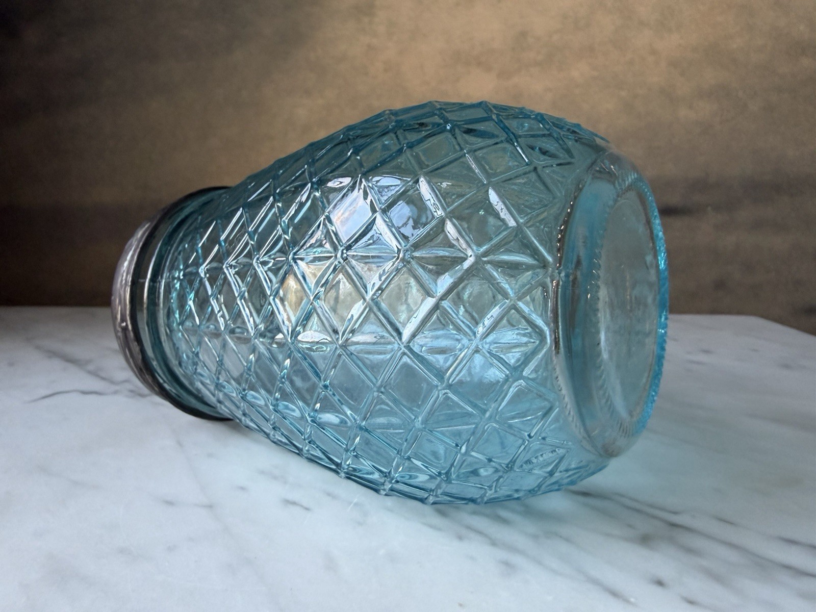 Vintage Style Blue Glass Flower Jar with Galvanized Floral Grid Lid, 5.4″