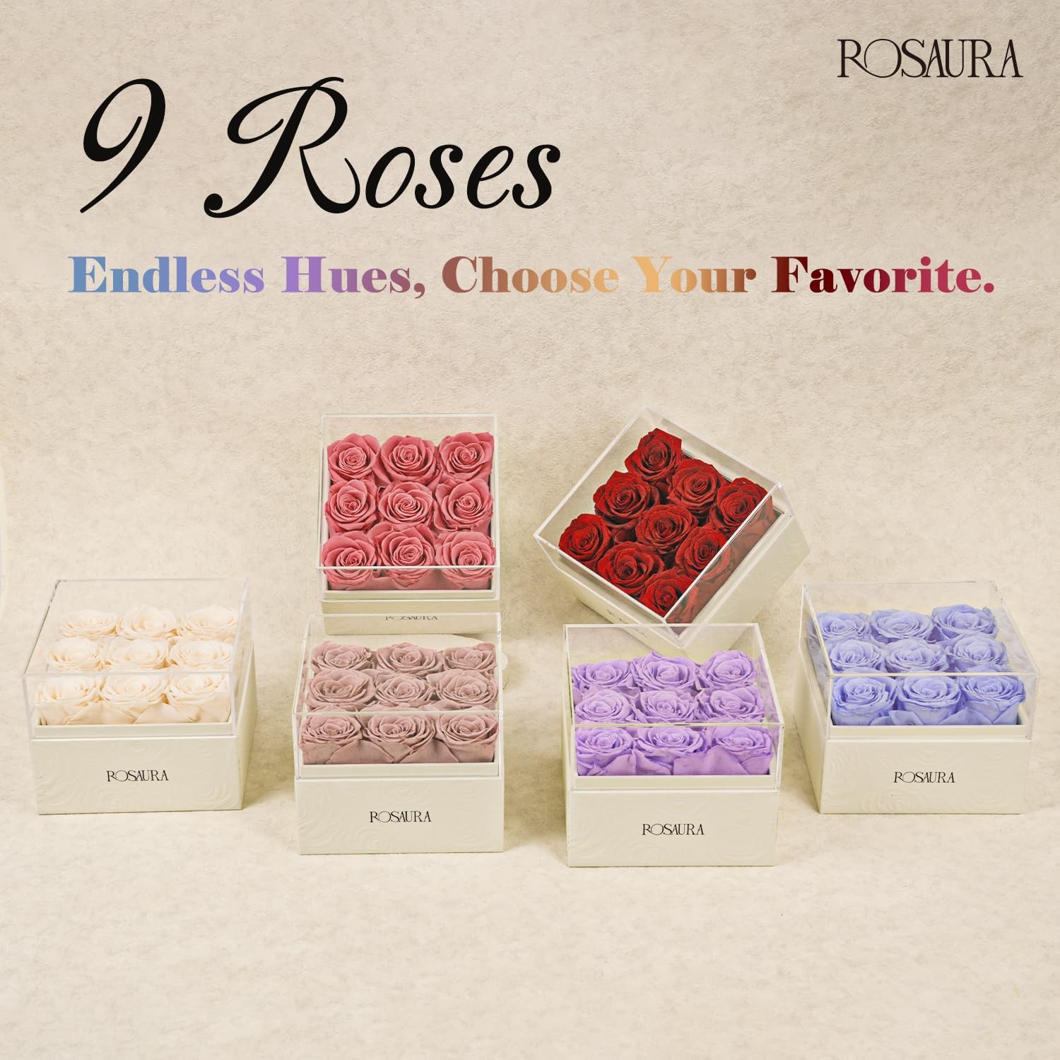 9 Square Preserved Roses Gift Box Real Forever Flowers Clear Acrylic Pink