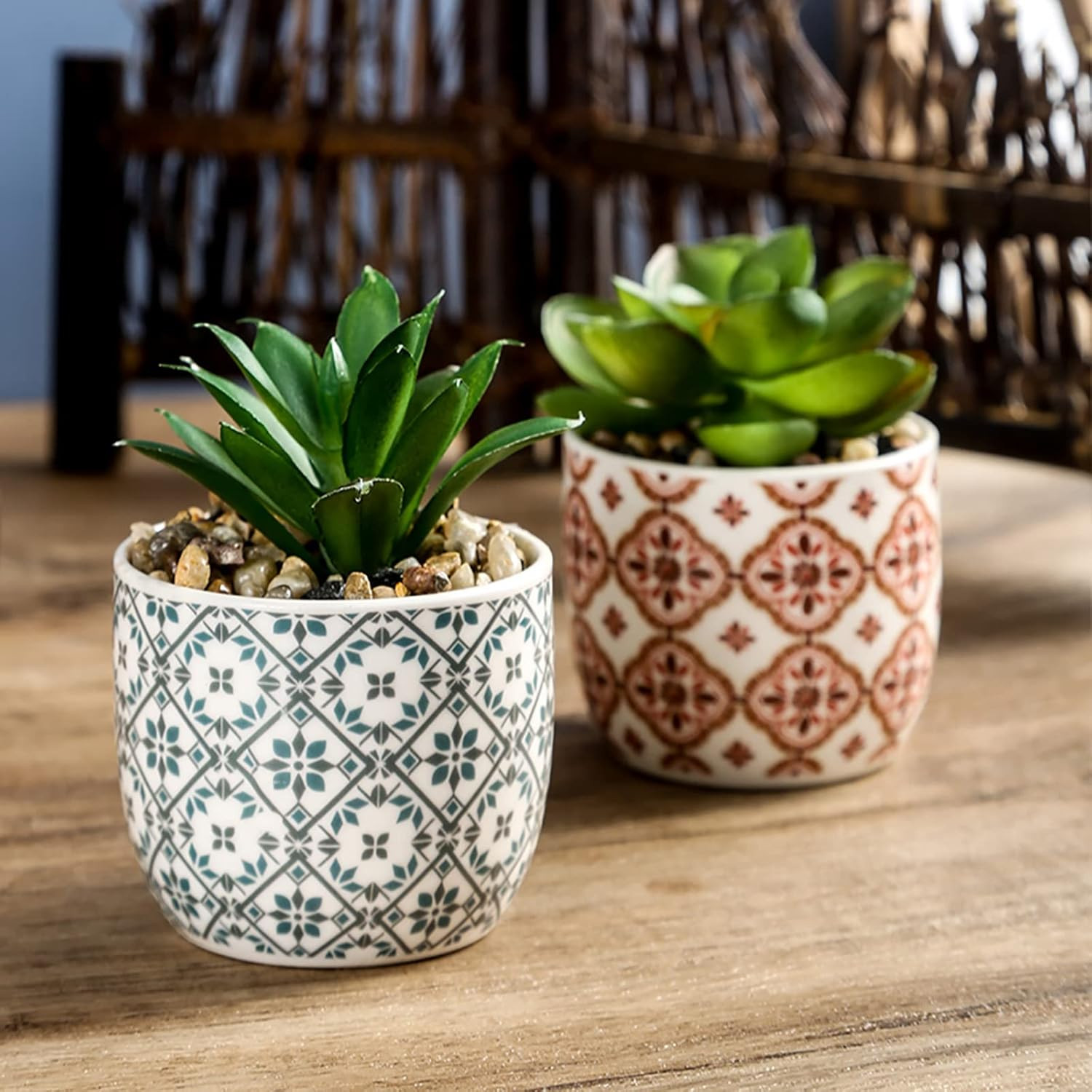 Artificial Plants Succulent Flowers in Ceramic Planter 2 Pack Small Fake Plants