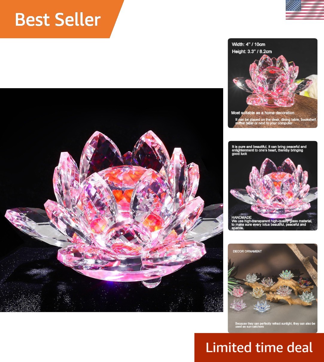 Beautiful 4” Pink Crystal Lotus – Feng Shui Charm & Decorative Paperweight