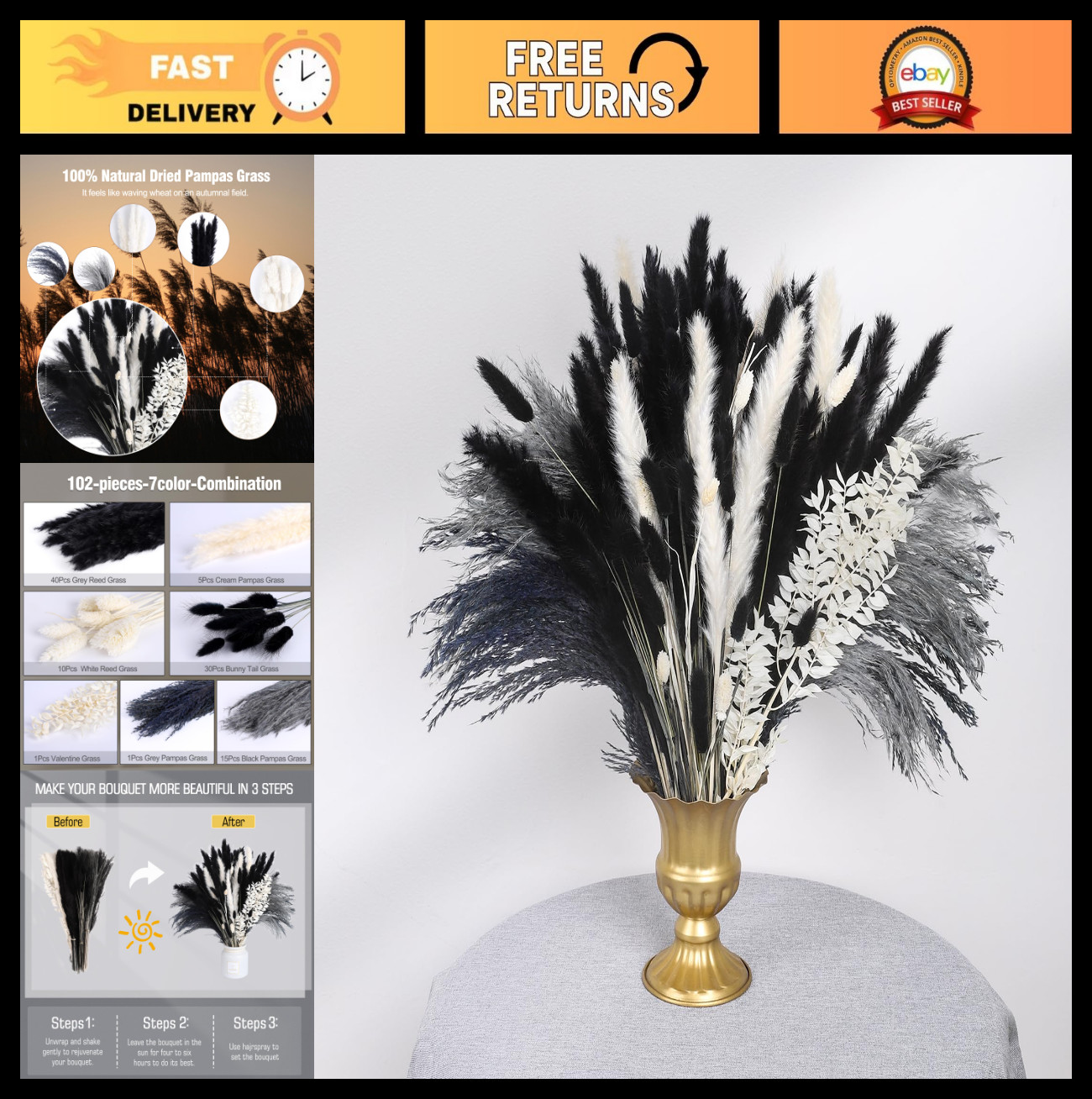 102PCS Dried Pampas Grass Bouquet – Black & White Natural Decor for Weddings, Bo