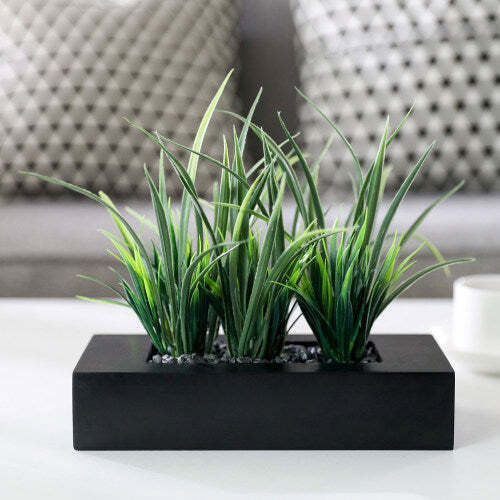 Artificial Green Grass Plants in Black Wood Rectangular Planter Pot