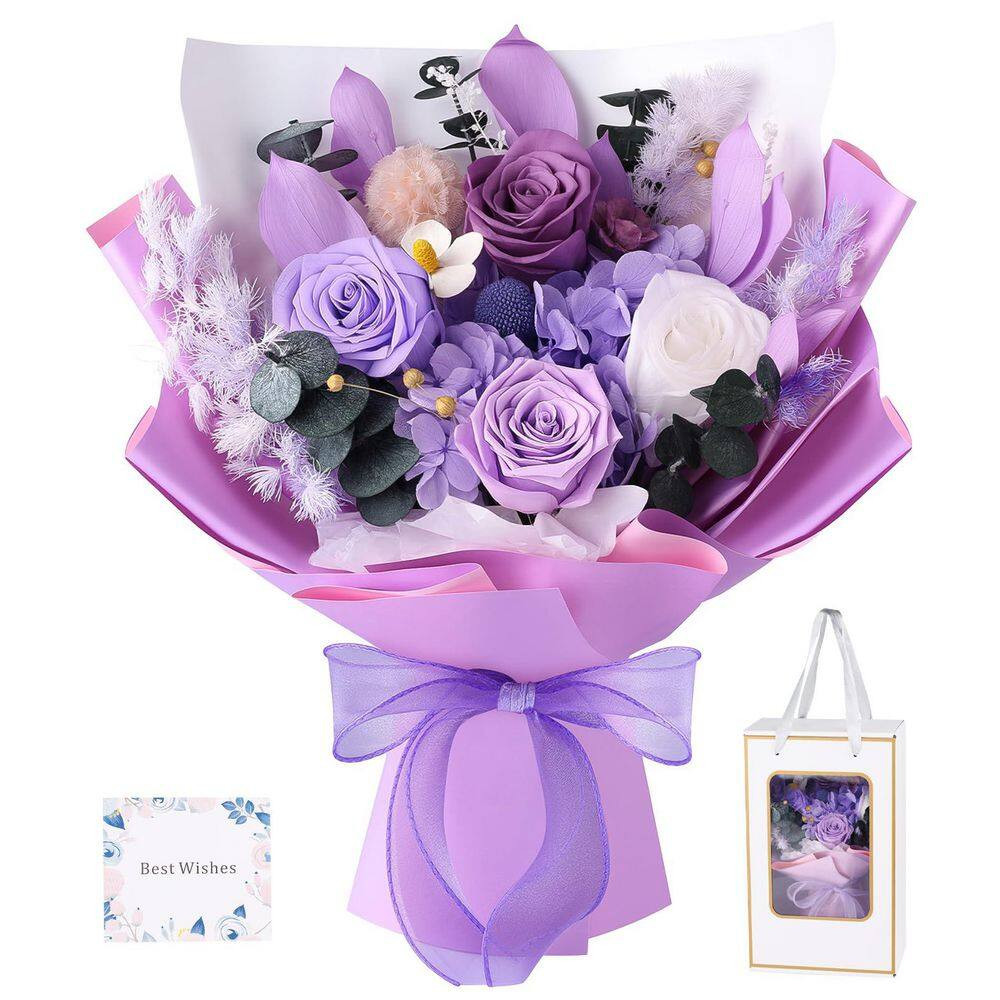 12.59 In. Purple Artificial Preserved Rose Bouquet-Includes Gift Box and Greetin