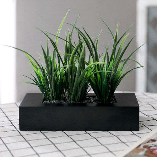 Artificial Green Grass Plants in Black Wood Rectangular Planter Pot