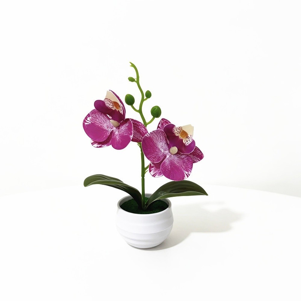 Faux 2-Head Orchid in Striped Pot 6.9 in Tall Realistic Plastic Flower