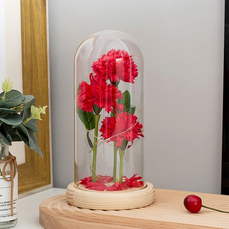 Artificial Led Luminous Carnation Soap Flower with Dome Glass Cover