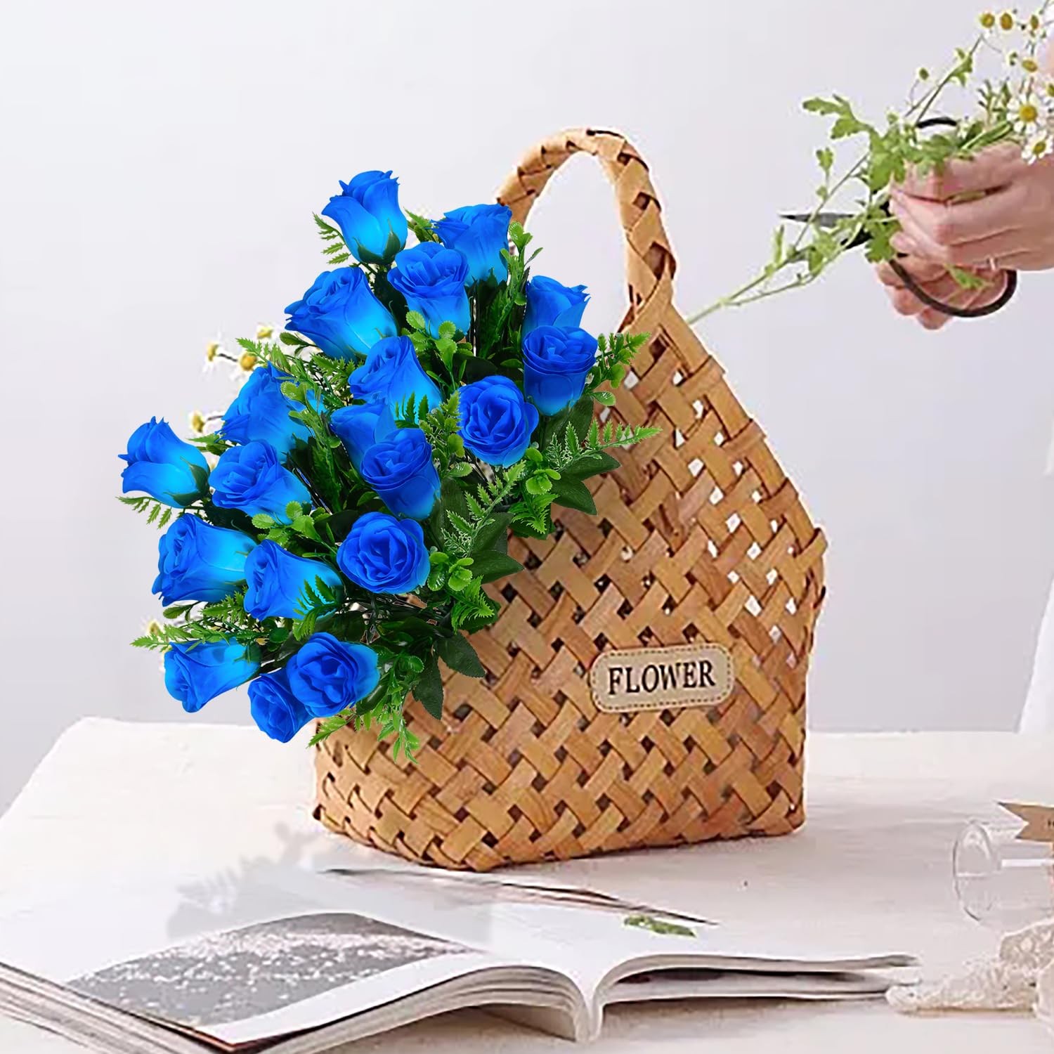 Artificial Rose Flowers Bouquet 4 PCS, Realistic Silk Blue Wedding Cemetery