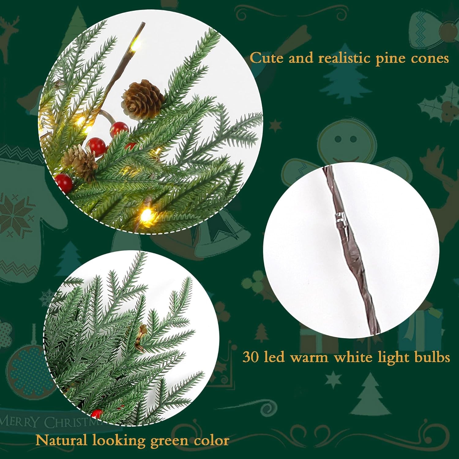 12 Pcs Christmas Norfolk Pine Branches with Lights, 17″ Artificial Xmas Stems wi