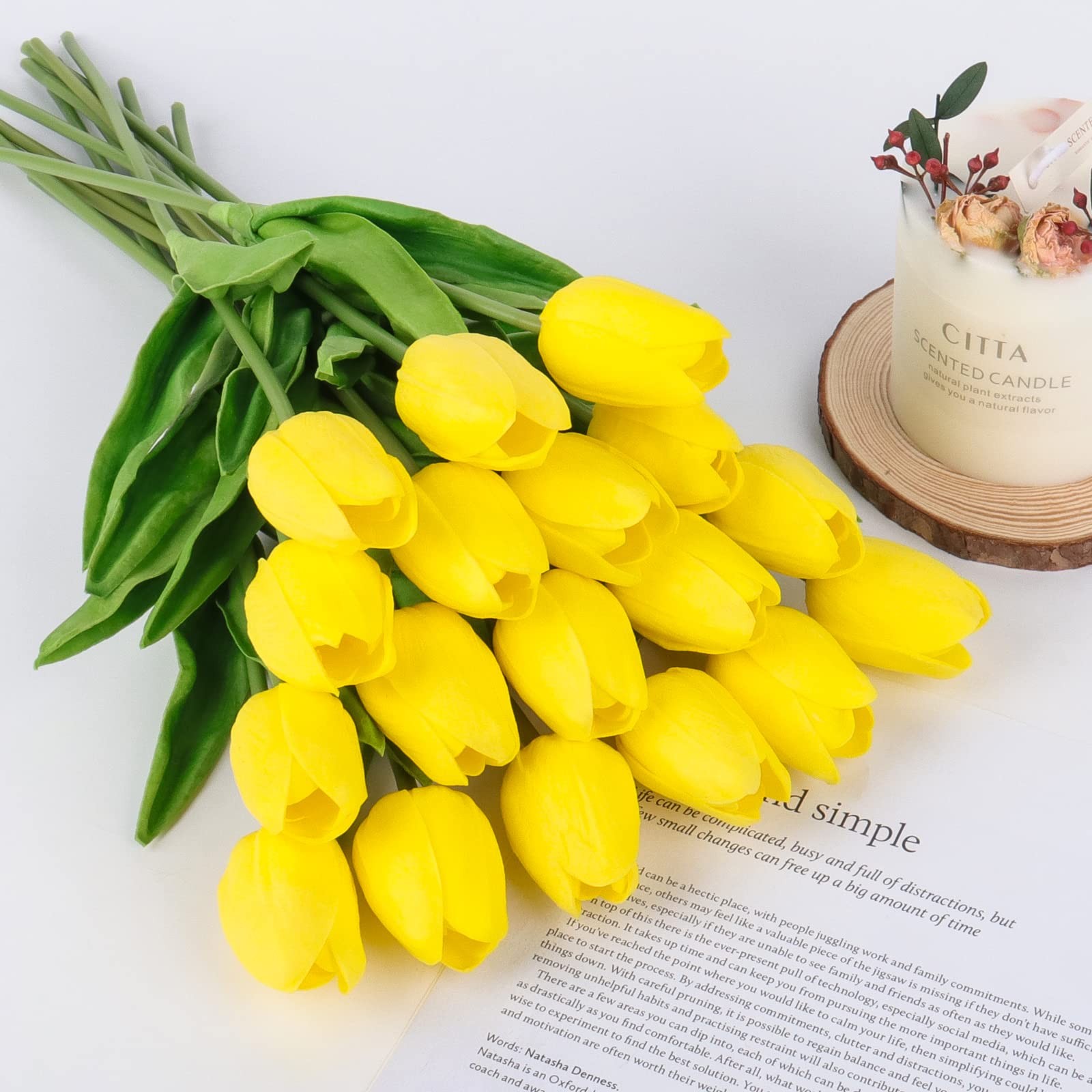 18 PCS Tulips Artificial Flowers Faux Real Touch Bouquets Spring Easter Yellow