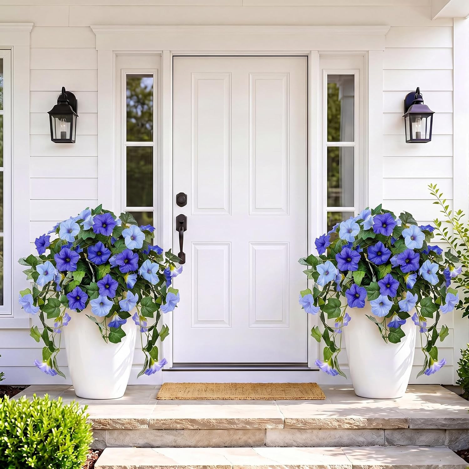 UV Resistant Faux Petunias – 2Pcs Blue & White Hanging Outdoor Flowers