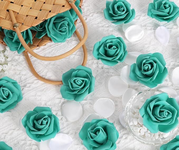 100PCS Teal Green Artificial Foam Roses Wedding Flowers DIY Home Decor