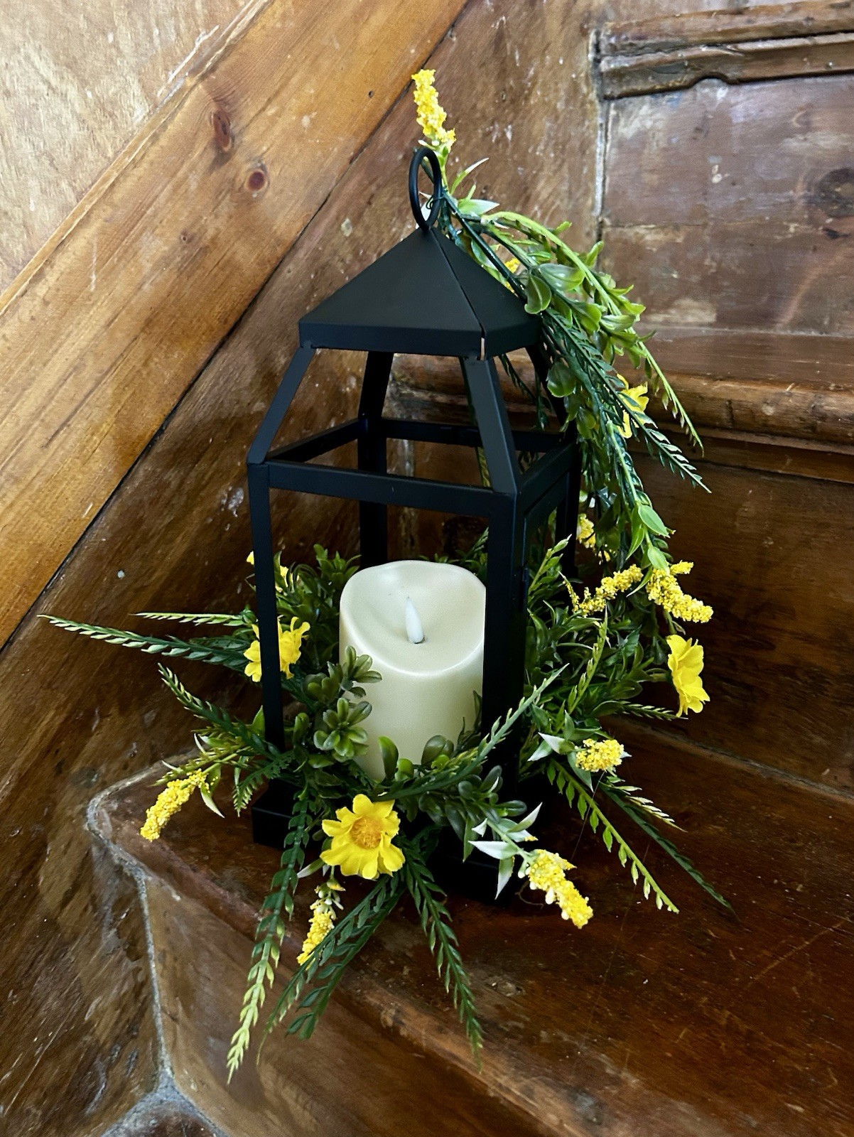 Handcrafted Floral Arrangement With A Black Lantern. Wonderful Gift.