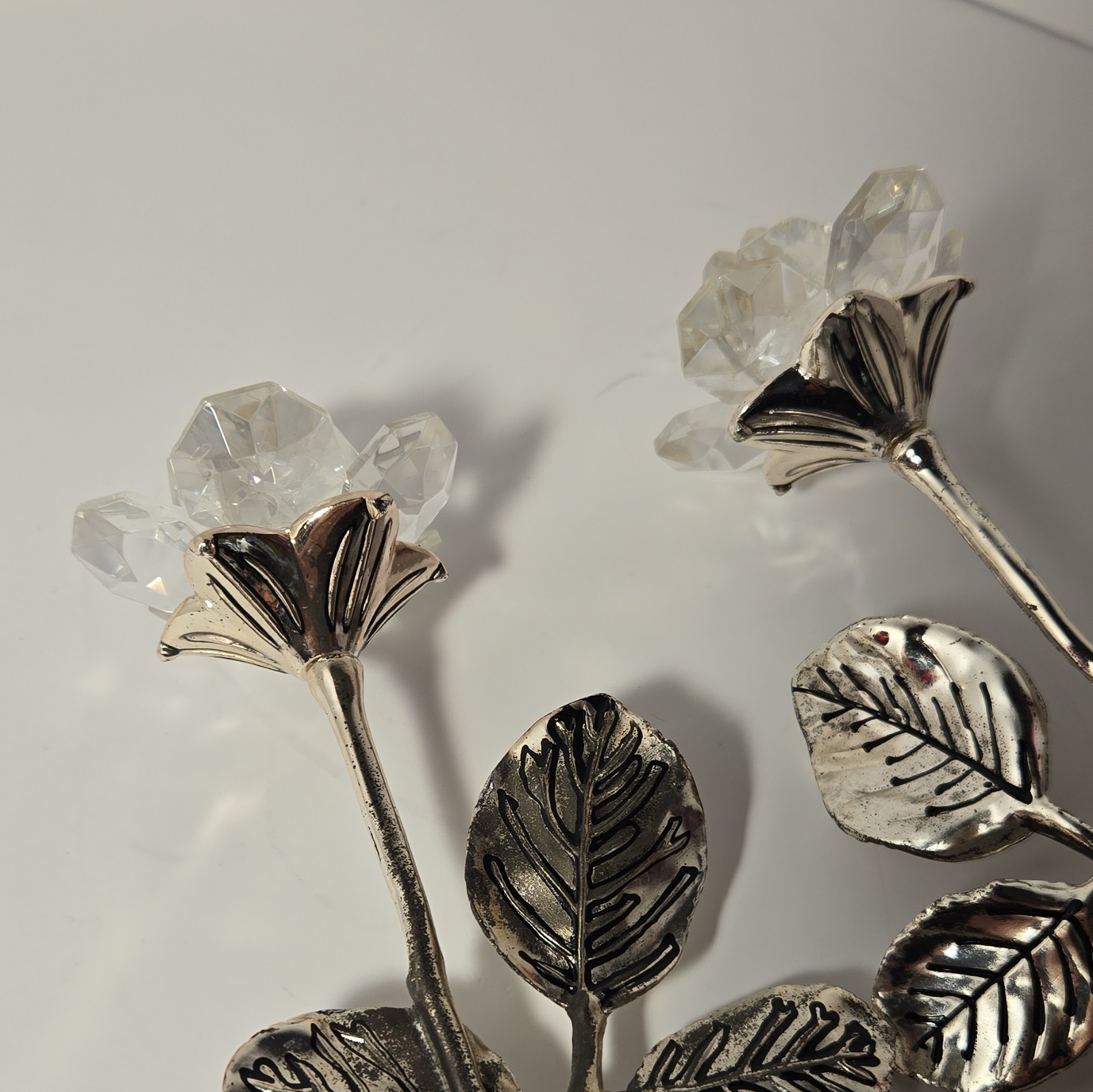 2 Artificial Crystal Flower Heads on Silver Metal Stems, Clear Glass Picks