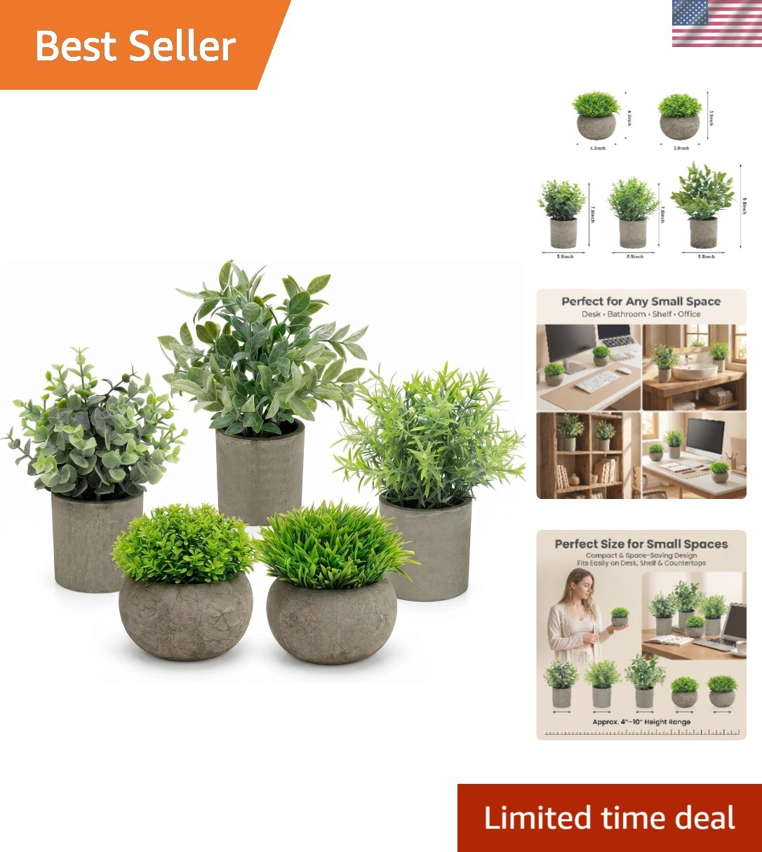 Chic Round Leaf & Grass Artificial Plants – 5 Potted Greenery for Office or Home