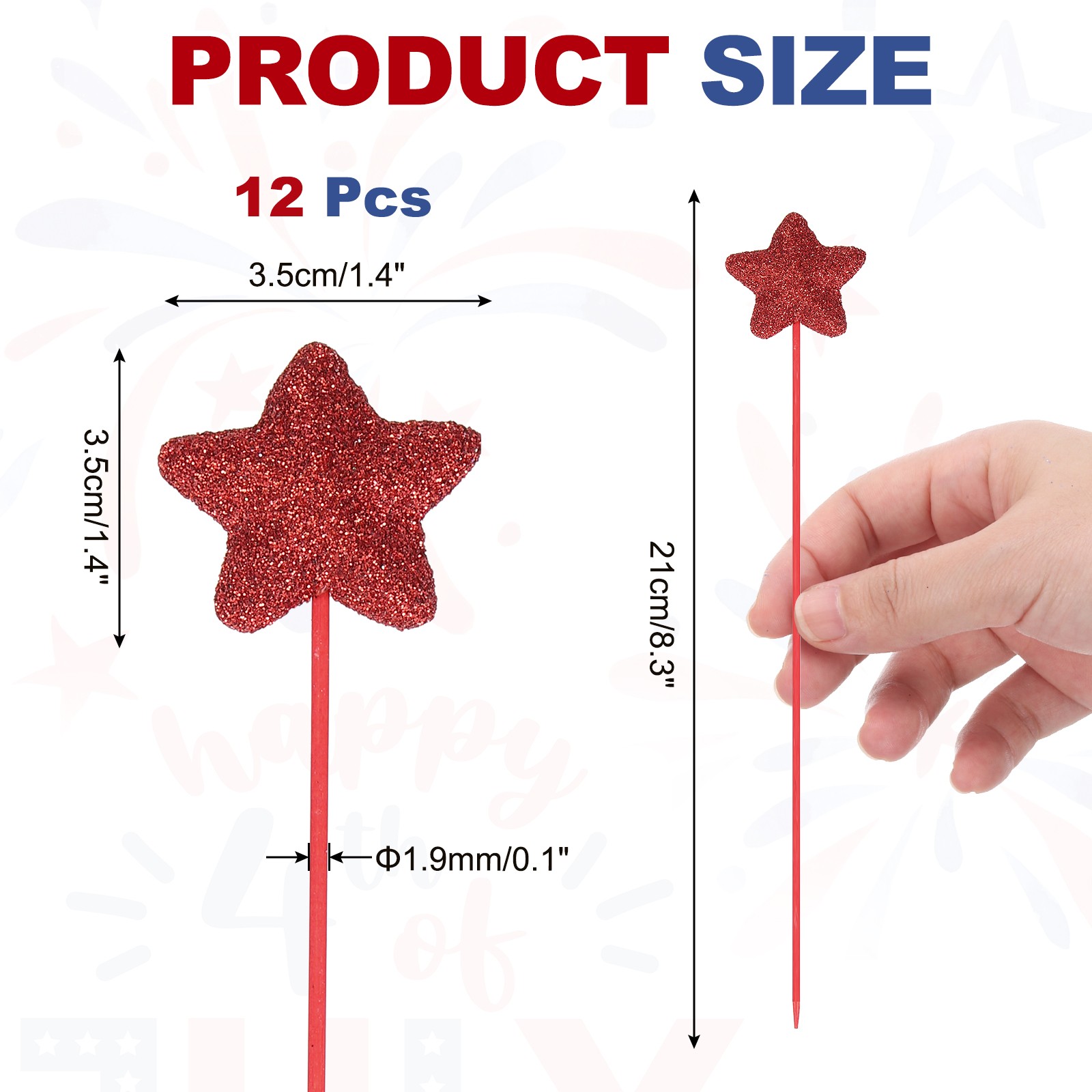 12 Pcs 4th of July Glitter Star Picks 8″ Puffy Sparkly Sticks (Red)