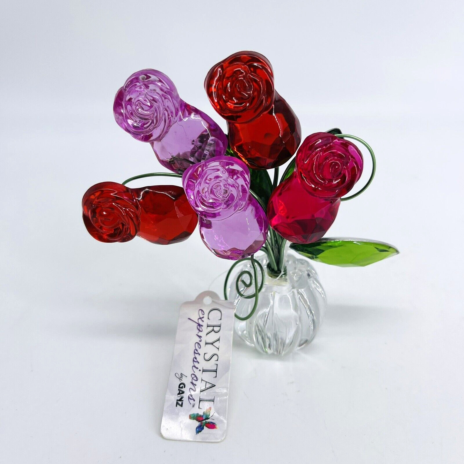 VINTAGE GANZ ROSE POSY POT RED PINK FAUX ACRYLIC PLASTIC FLOWER ARRANGEMENT