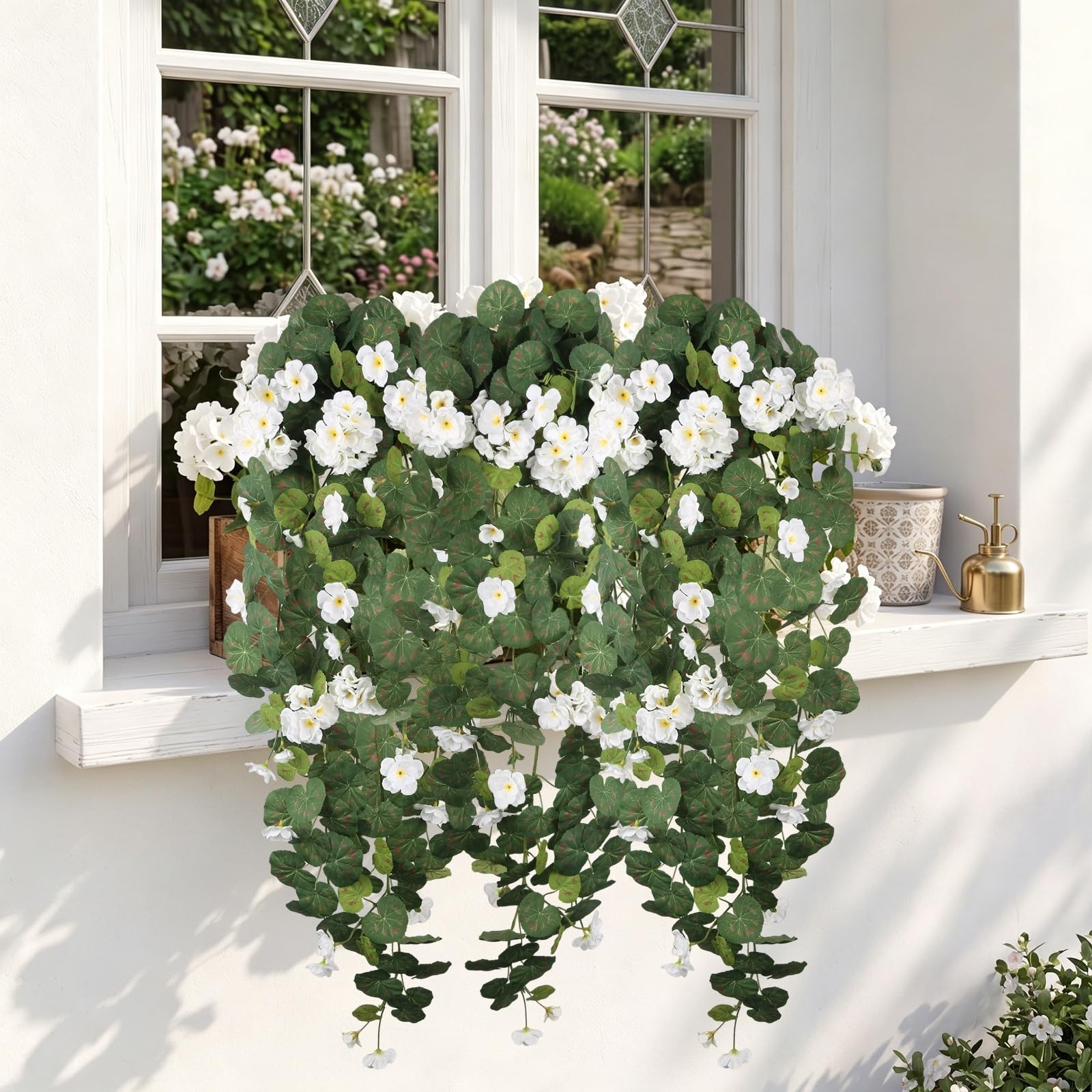 43.3″ White Geraniums Artificial Hanging Flowers for Outdoors, UV Resistant F…