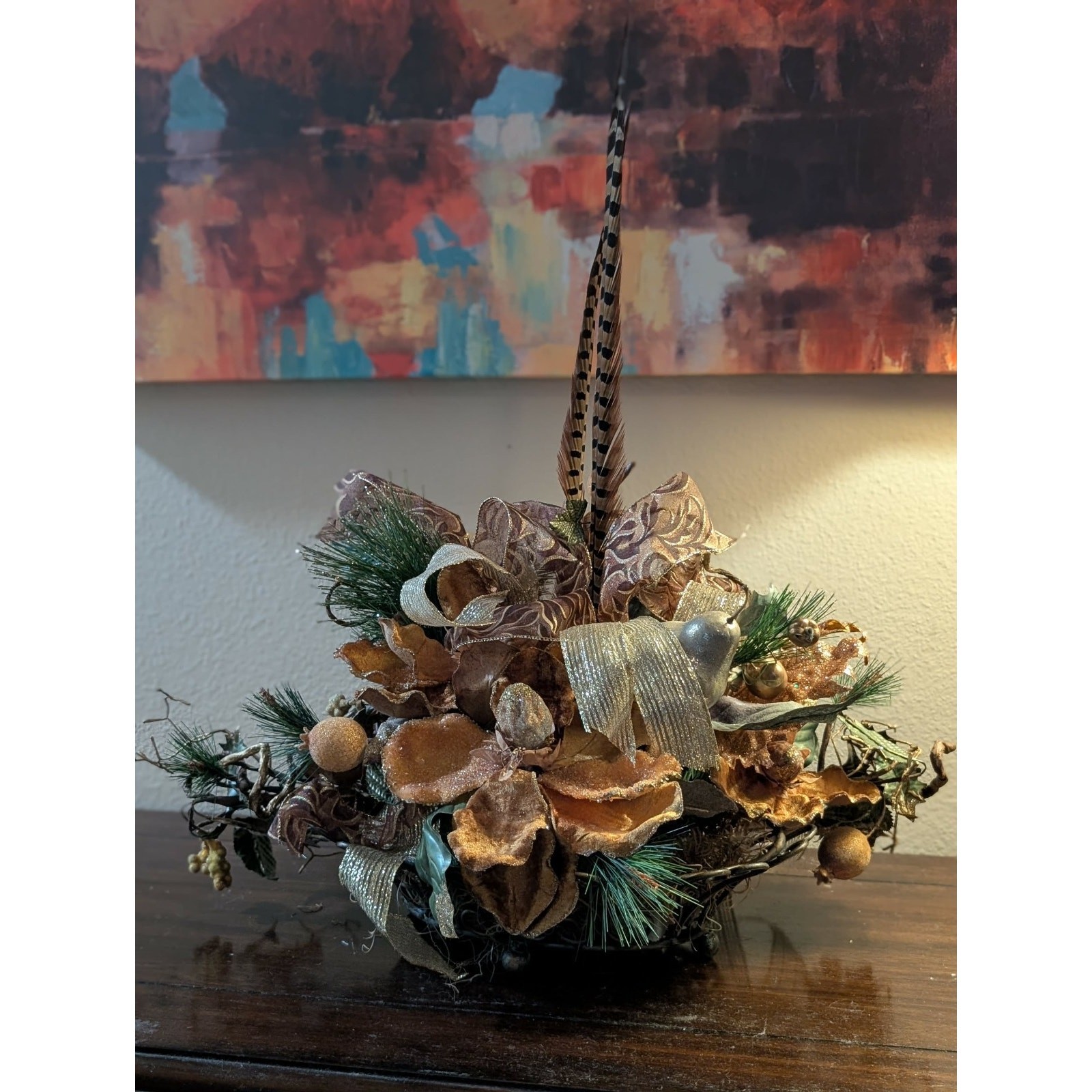 Rust Tan Gold Floral Autumn Fall Thanksgiving Centerpiece Pheasant Feathers