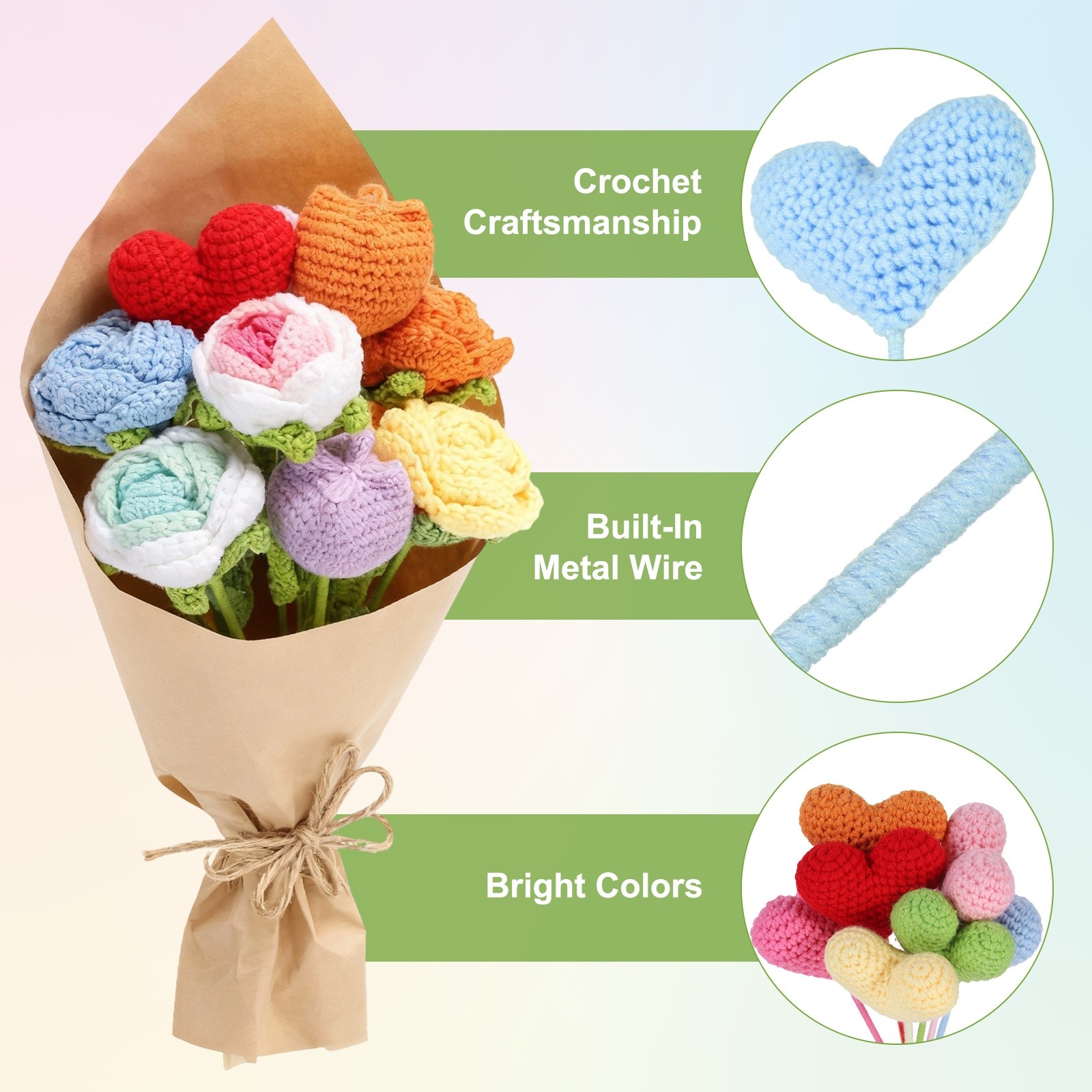 2Pcs Crochet Flower Heart Handmade Knitted Bouquet Blue,