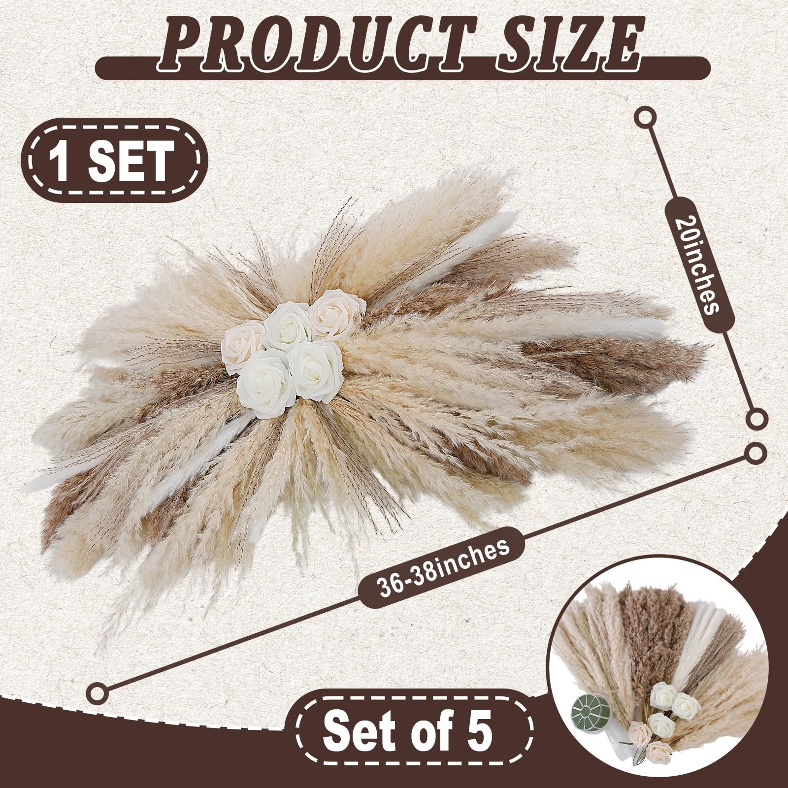36-38″ Large Pampas Grass Wall Decor, DIY Artificial Roses & Natural Dried Bo…
