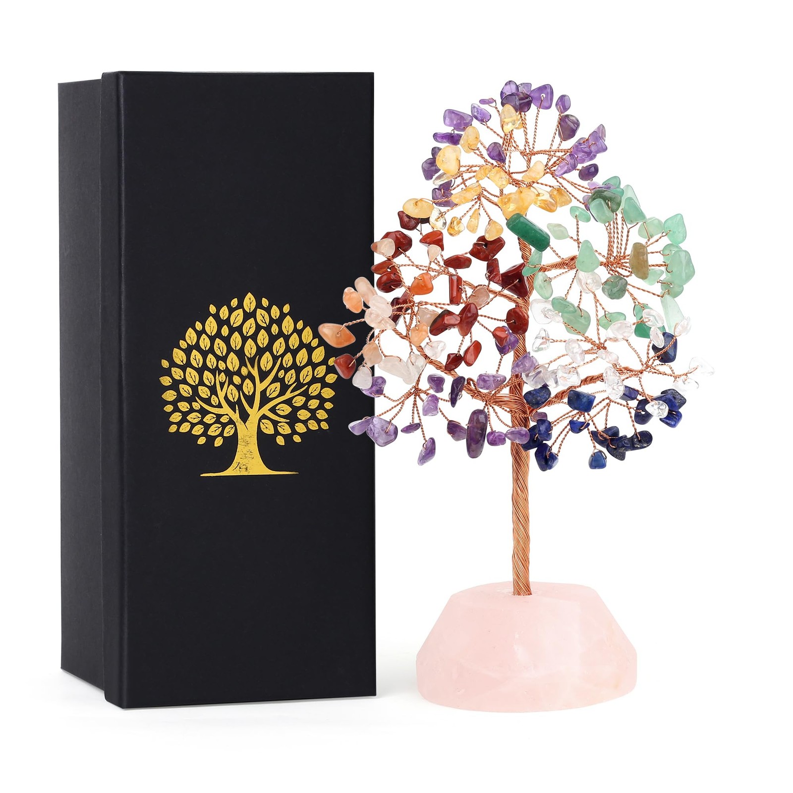 7.09 Inch 7 Chakra Crystals Healing Stones Rose Quartz Copper Wire Tree Desk