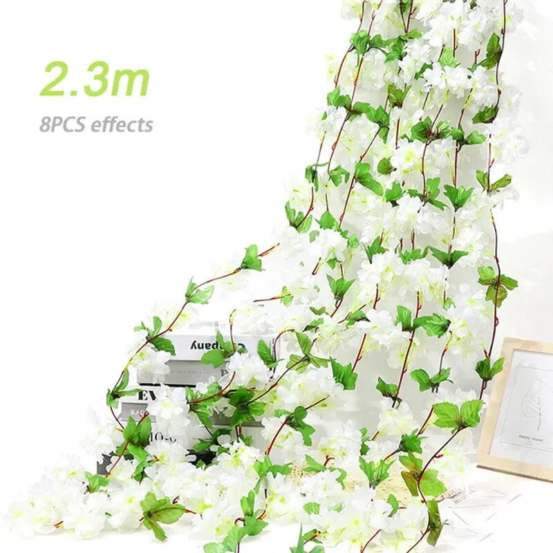 8Pcs 1.8M Artificial Cherry Blossom Flower Vines Faux Flowers Hanging Decor New