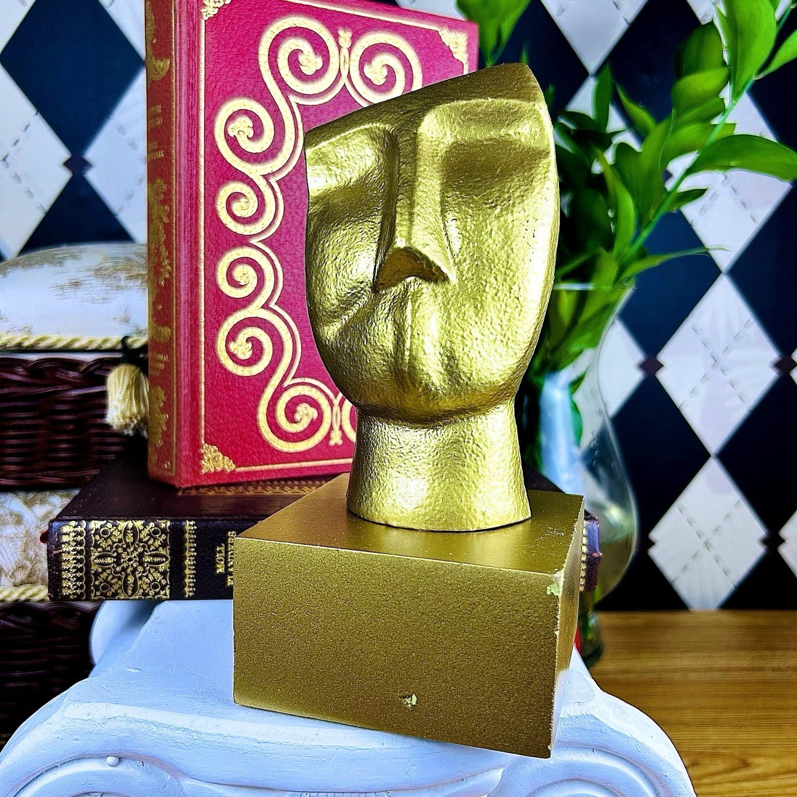 Golden Abstract Face Sculpture Modernist Hollywood Regency Décor